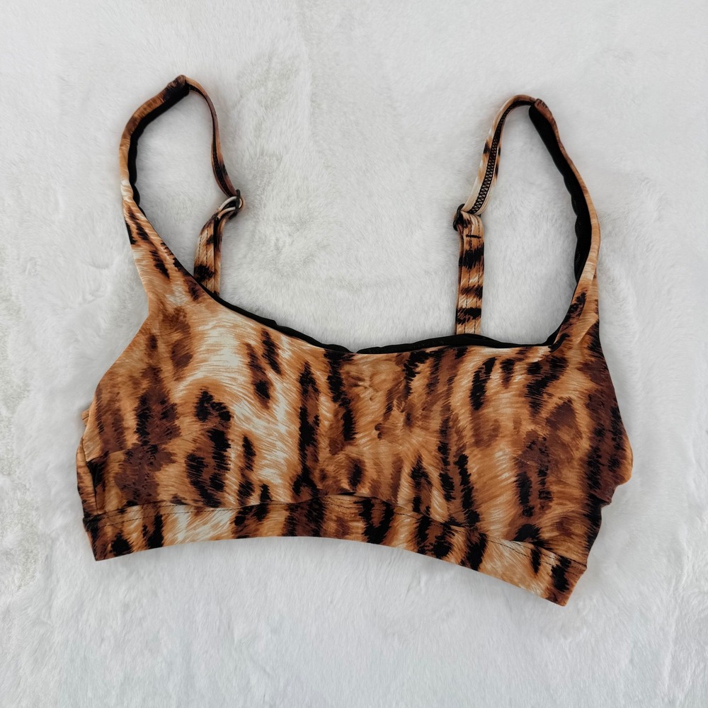 Niptuck Swim Bikini Top Women Size 4 Brown Tiger Print Multi Fit Cup Scoop Neck